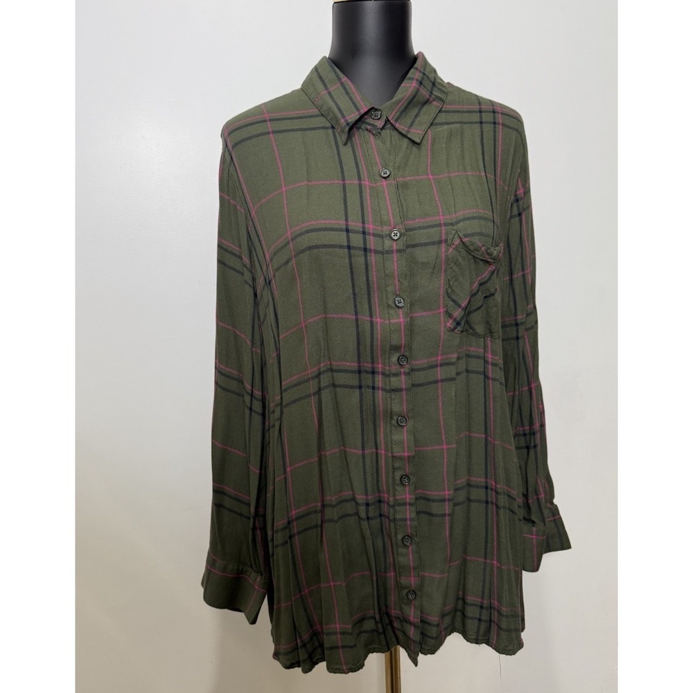 Faded Glory Tunic Shirt‎ Women's Plus 2X Green Plaid Roll Tab Sleeve